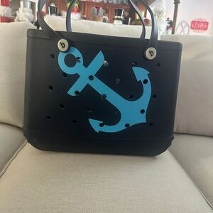 Bogg Bag. Navy Blue Tote Bag with Blue Anchor Design